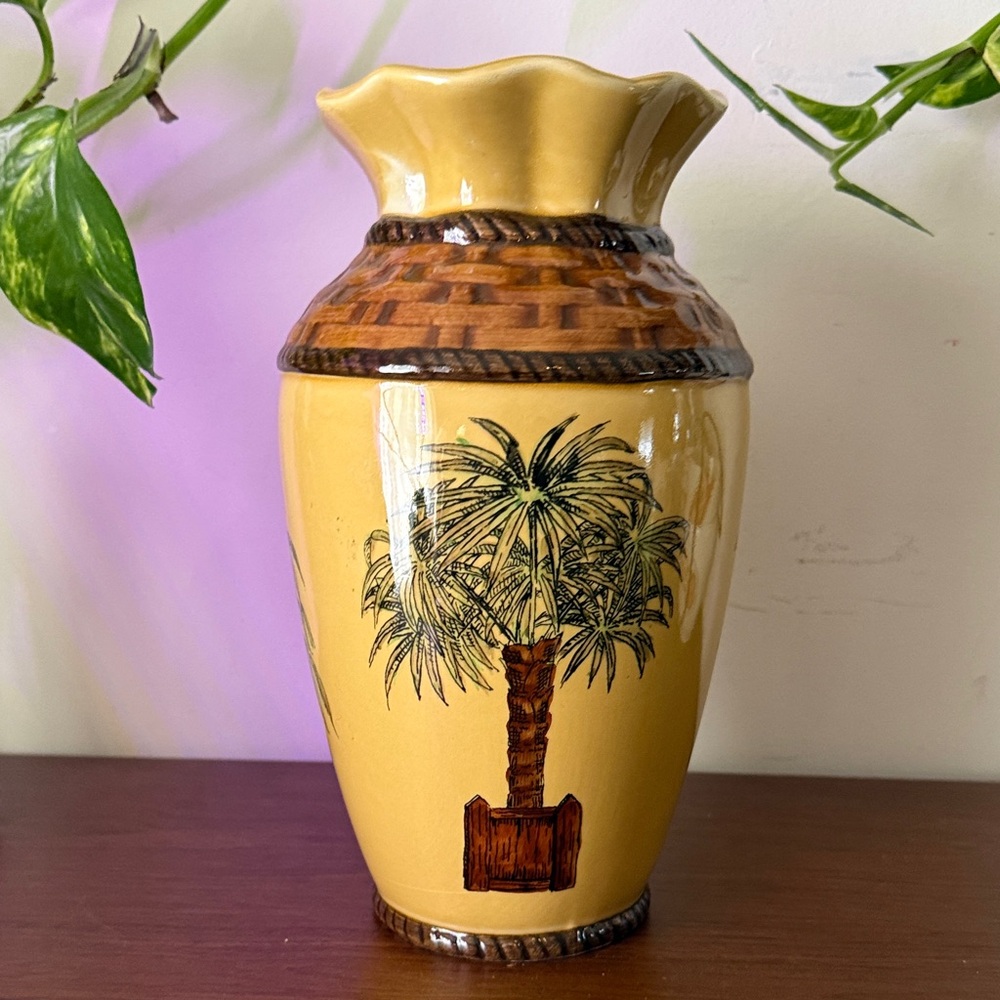 Pacific Rim Vintage Ceramic Vase with Palm Tree Design